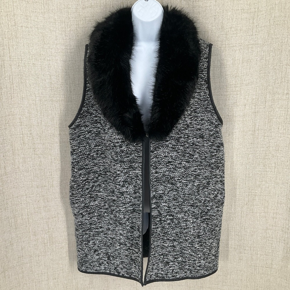 Talbots Vest Women L Black Wool Blend Faux Fur Collar Tweed Open Front Timeless
